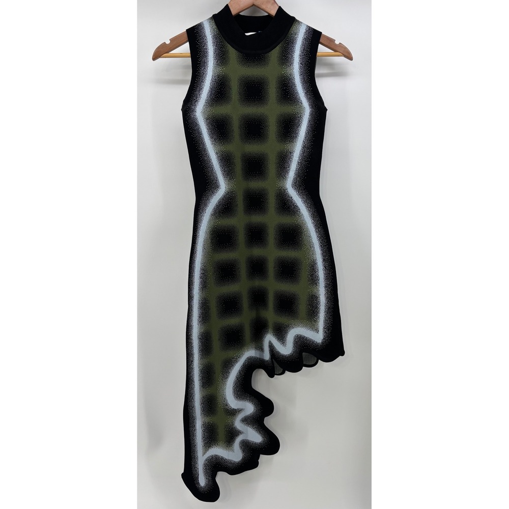 PH5 Mia Wavy Dress Women's Small Green Black Plaid Knit Asymmetric Hem